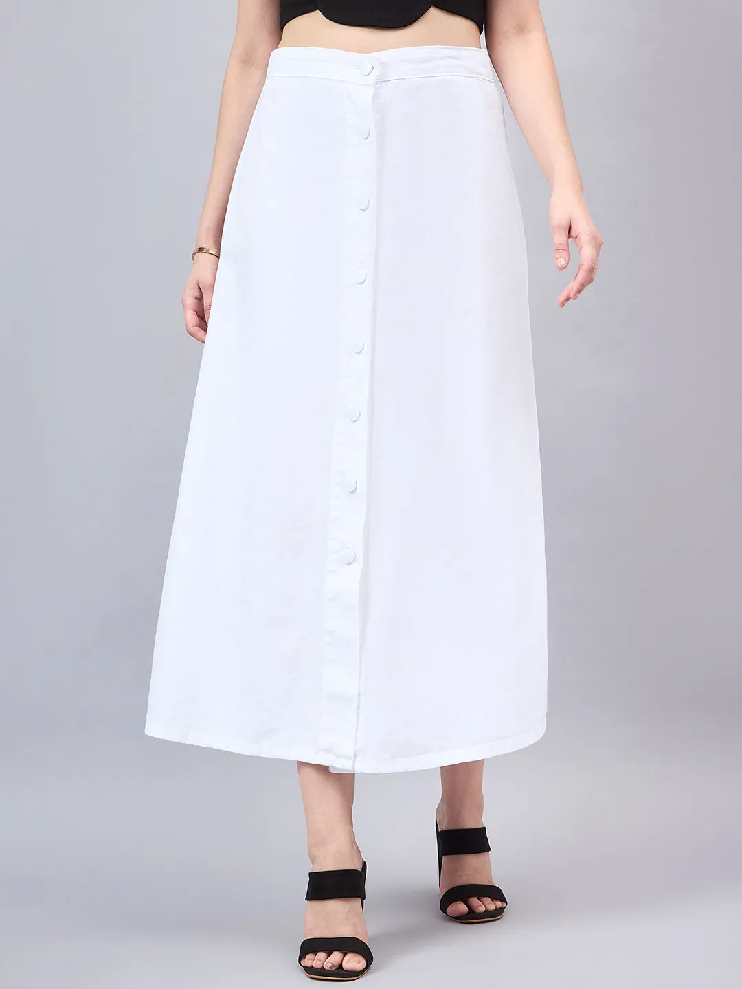 Style Quotient Women White A-Line Maxi Denim Skirt