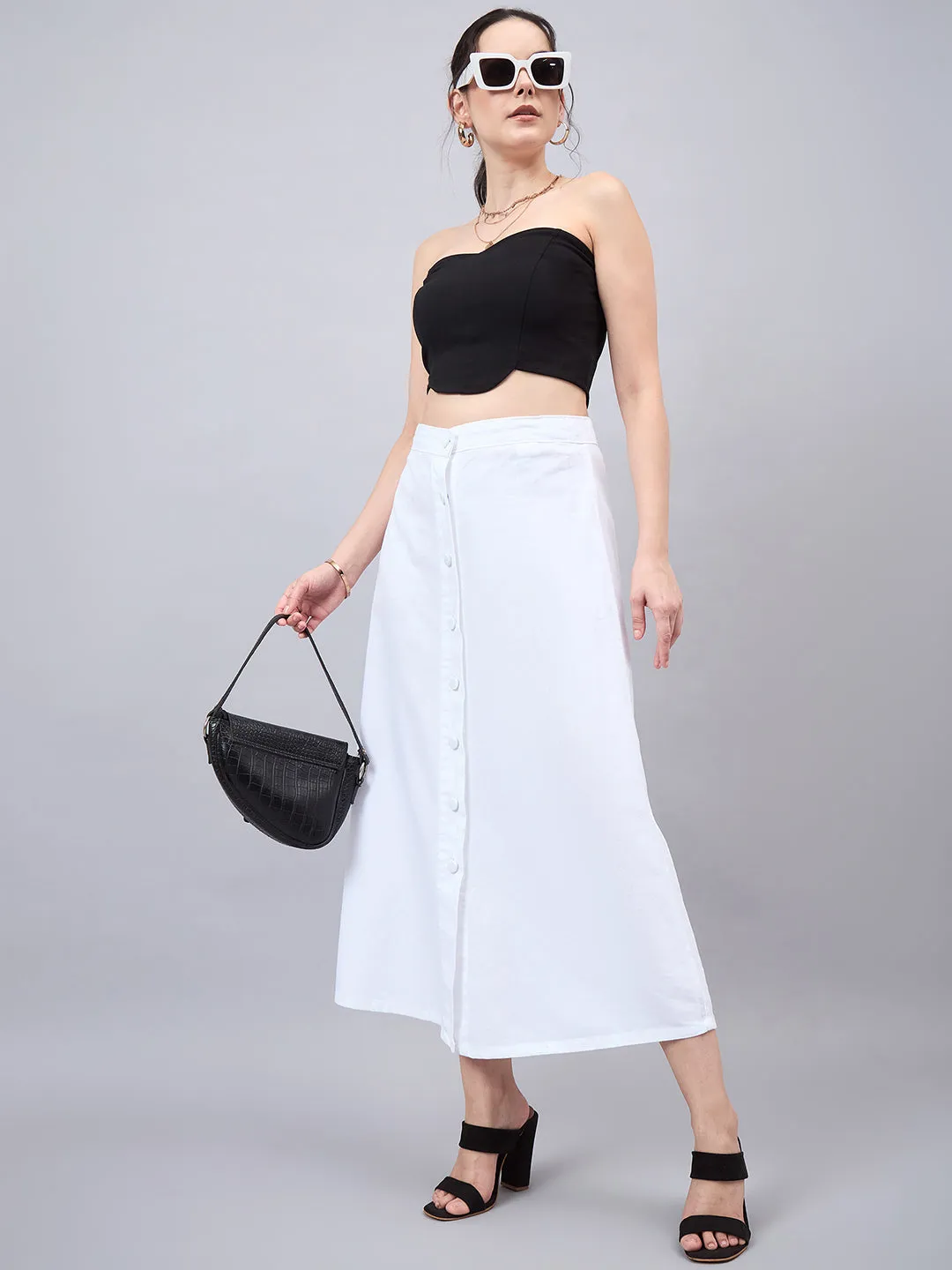 Style Quotient Women White A-Line Maxi Denim Skirt