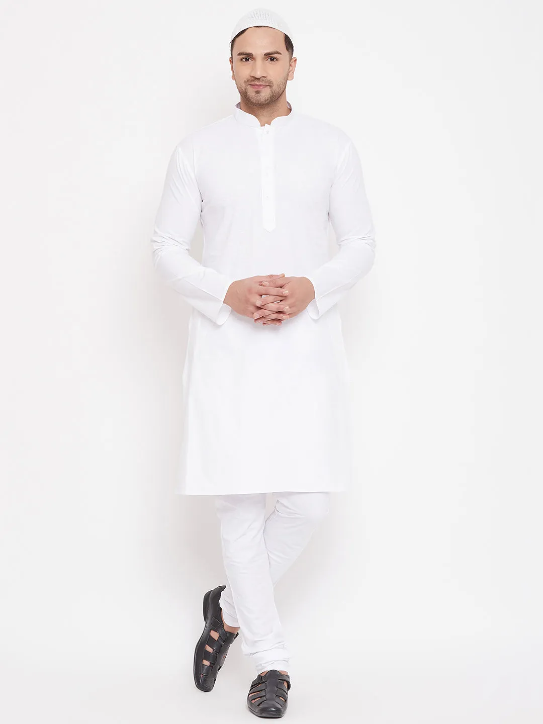 VASTRAMAY White Cotton Blend Kurta Set