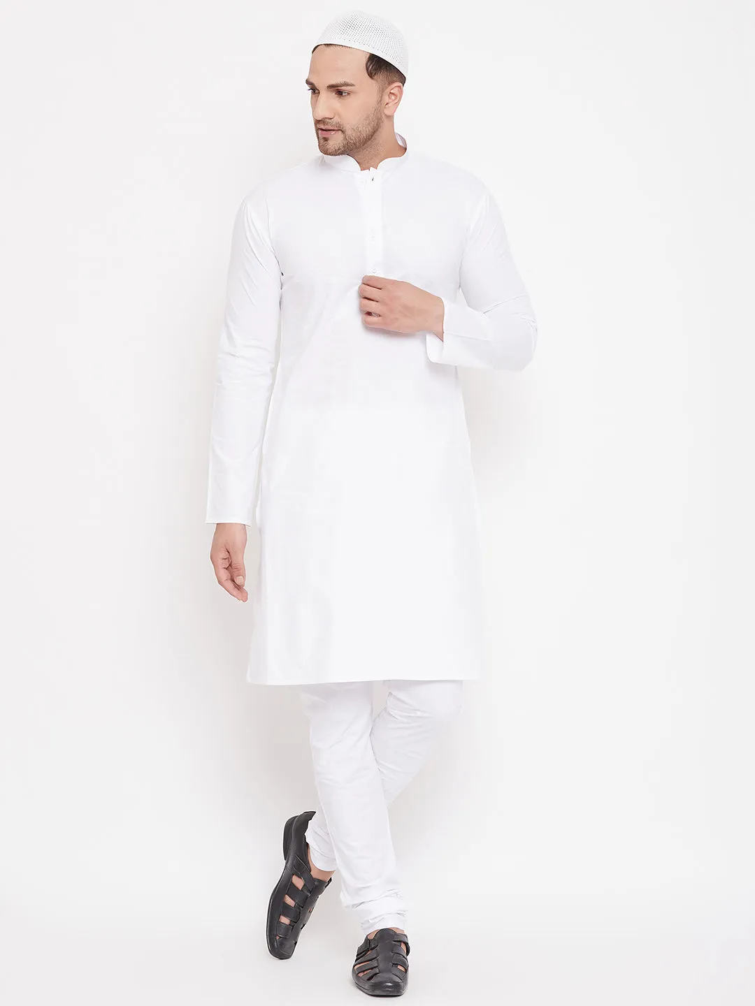 VASTRAMAY White Cotton Blend Kurta Set