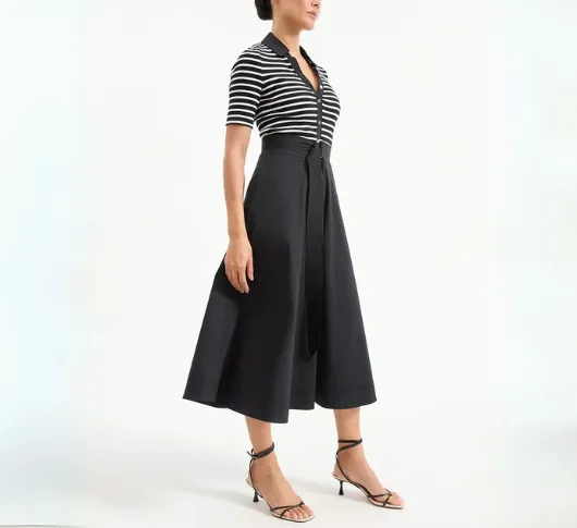 Veronica Beard - Delise Mix Fabric Short Sleeve Striped Polo Dress in White and Black