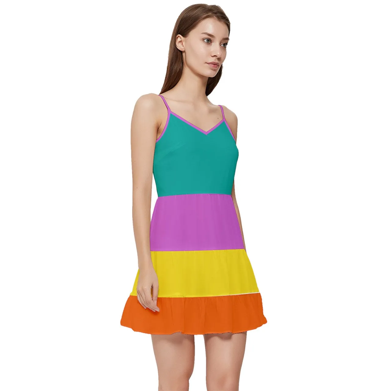 Vibrant Multi-Color Block Mini Dress | Teal V-Neck Flounce Chiffon Tea Dress with Adjustable Straps