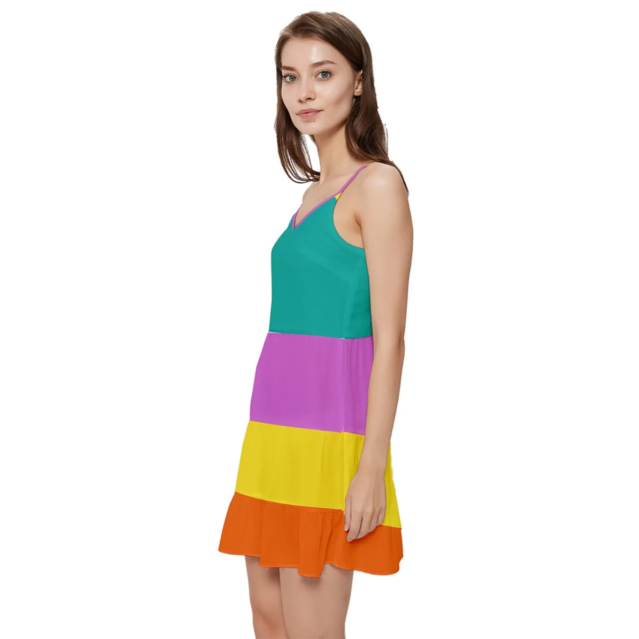 Vibrant Multi-Color Block Mini Dress | Teal V-Neck Flounce Chiffon Tea Dress with Adjustable Straps