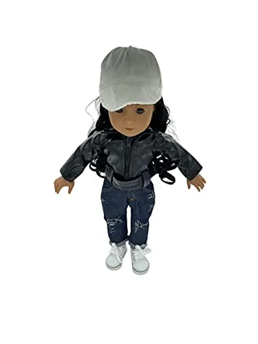 White Baseball Wig Cap w/Curly Hair, 2 Piece Jacket and Jeans, 1 Pair of Sneakers for 18inch Doll