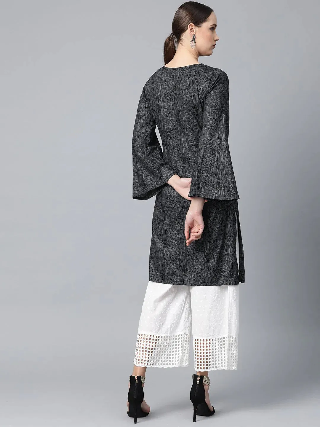 Women Charcoal Grey & Black Printed Straight Kurta