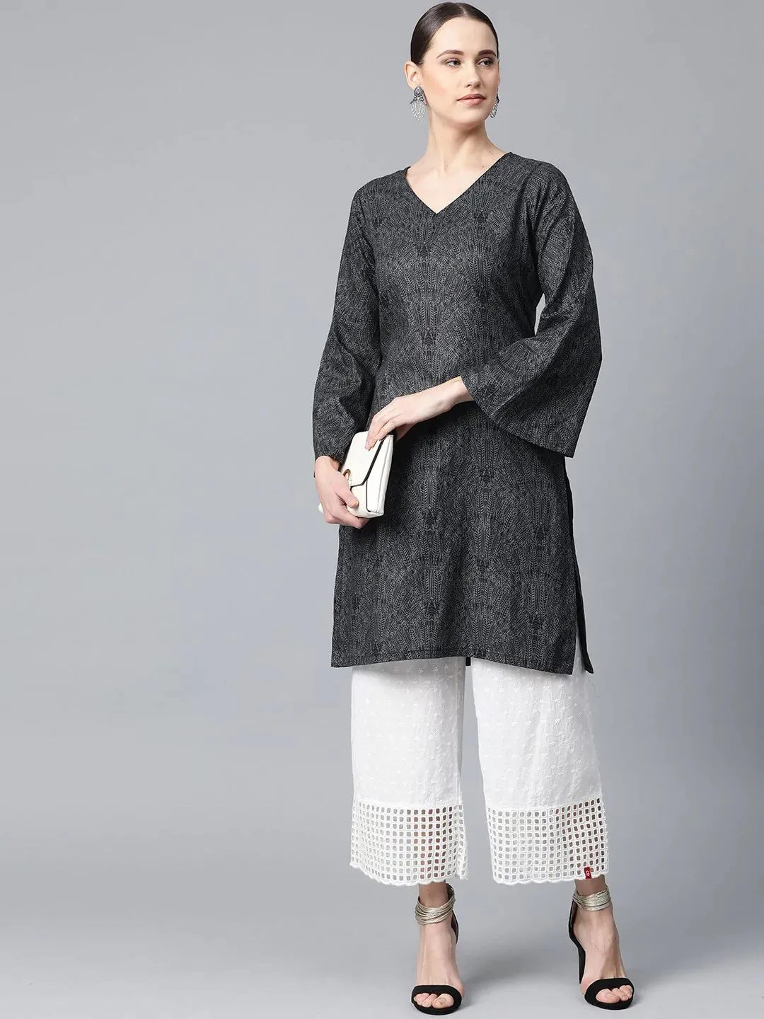 Women Charcoal Grey & Black Printed Straight Kurta