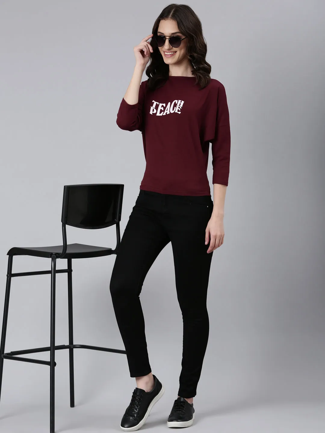 Women Maroon Typographic Slim Fit Tshirt