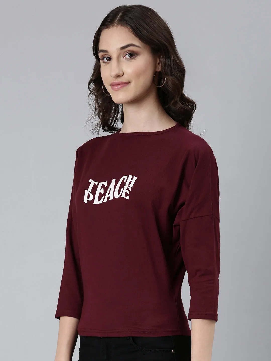 Women Maroon Typographic Slim Fit Tshirt