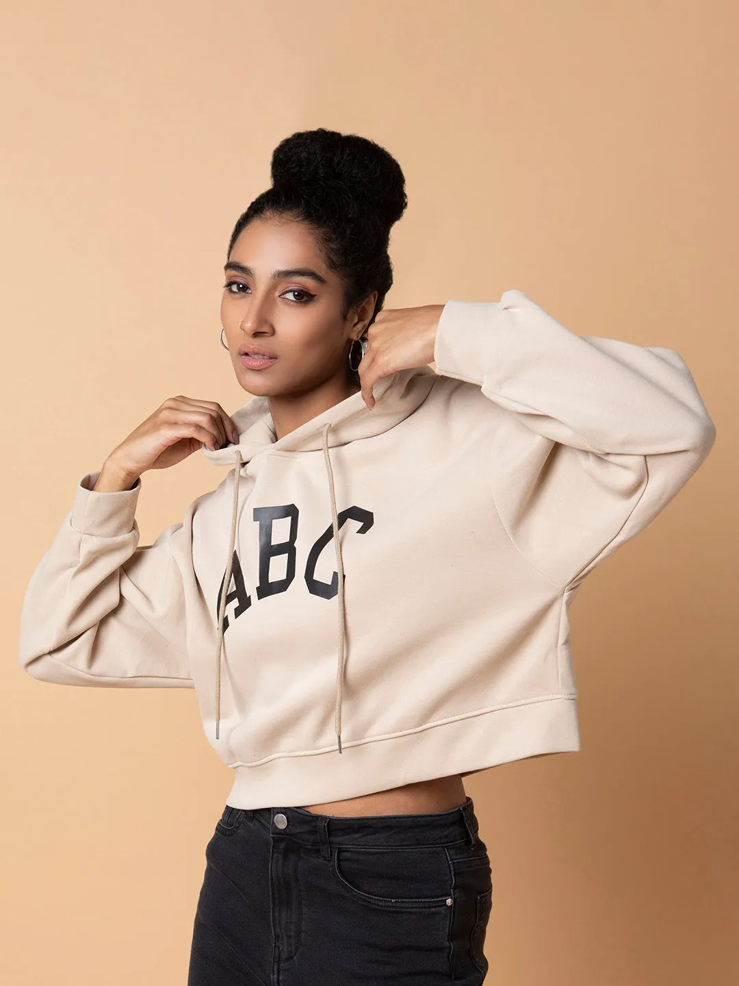 Women Typography Beige Oversized Crop Pullover