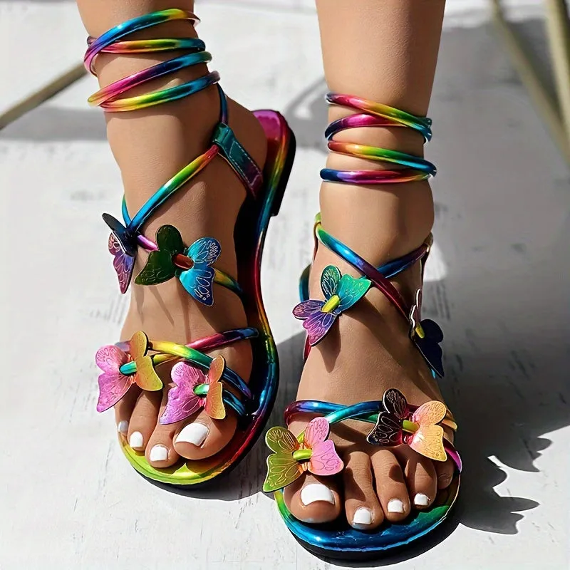 Womens Colorful Butterfly Sandals - Stylish Crisscross Lace Up, Lightweight Comfort - Perfect Beach & Travel Shoes for Summer