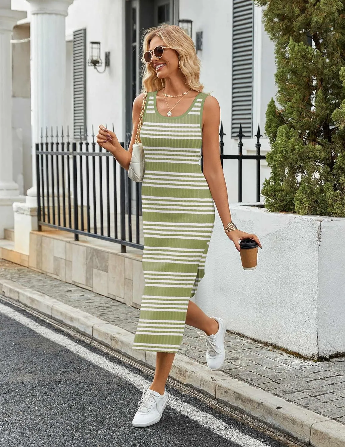 Zeagoo Striped Knit Dress Casual Bodycon Side Slit Sundress