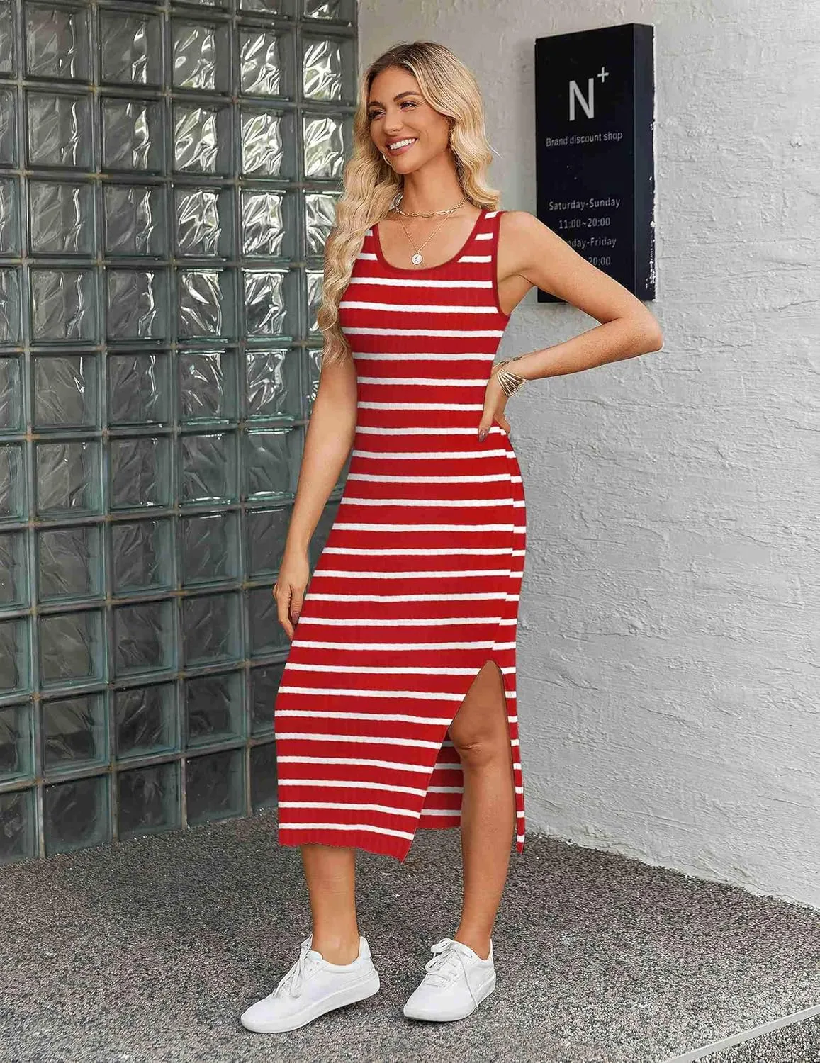 Zeagoo Striped Knit Dress Casual Bodycon Side Slit Sundress