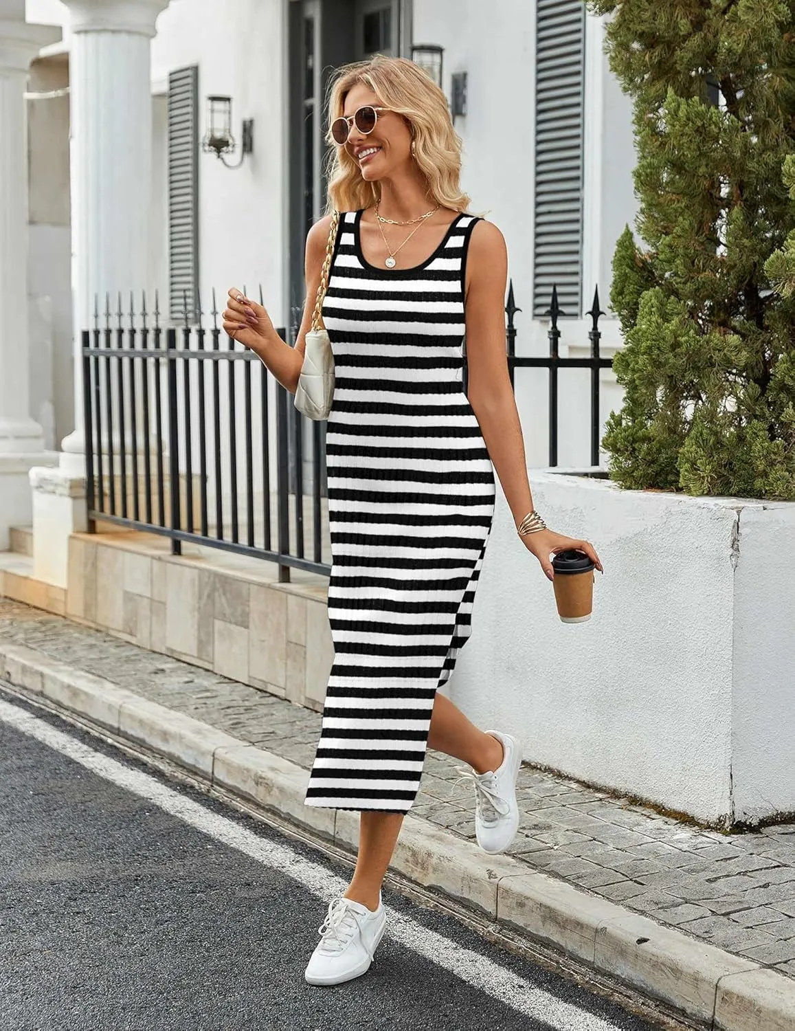 Zeagoo Striped Knit Dress Casual Bodycon Side Slit Sundress